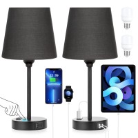 Black Lamp For Bedrooms Set Of 2 - Nightstand Bedroom Lamp With Usb C Port And Ac Outlet Charging, 3 Way Dimmable Touch Control Black Bed Side Table Lamp, Small Night Stand Light For Kids/Guest Room