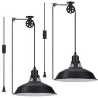 Lomoky Plug In Pendant Light, Hanging Lamp With Black Barn Pendant Lighting With 14.76Ft Cord On/Off Switch, Adjustable Pulley Hanging Pendant Lighting For Kitchen Bedroom Restaurant 2 Pack