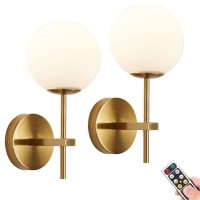 Kefa 2 Pack Battery Operated Wall Sconces/Wall Lights, None Hardwired Brass Gold -White Glass Globe Wall Lamps, Wireless Light Fixture For Bedroom, Living Room, Bathroom, Hallway, Stairs