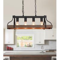 Meixisue Rustic Kitchen Island Dining Room Light Fixture Farmhouse Linear Chandelier Black And Retro Wood Finish 4Light Industr