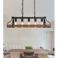 Meixisue Rustic Kitchen Island Dining Room Light Fixture Farmhouse Linear Chandelier Black And Retro Wood Finish 5Light Industr