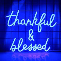 Wanxing Thankful And Blessed Neon Sign Thanksgiving Led Sign Blessed Neon Lights Blue Light Up Sign Usb Powered Switch Neon Signs For Wall Decor For Wedding Decoration Birthday Party Girls Decor