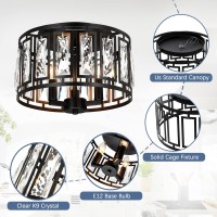 Crystal Ceiling Light Flush Mount For Bedroom Kitchen Island Crystal Drum Shade Lighting Fixture 3Light Black Ceiling Lamp Fo