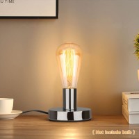 Helunsi Industrial Table Lamp Base, Silver E26 E27 Lamp Base Without Shade, Mini Short Desk Lamp Exposed Bulb Base, Simple Metal Edison Light Bulb Stand, With 5.8Ft Cord Switch Plug Bulb Base Holder