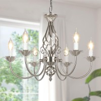 6-Light Farmhouse Candle Chandelier For Living Room, Rustic Industrial Pendant Ceiling Light Fixture, Brushed Nickle Modern Ceiling Hanging Lamp For Bedroom Hallway Kitchen Dining Room Foyer, E12 Base