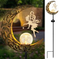 Ouddy Decor Solar Garden Lights Outdoor Decor, Moon Fairy Crackle Glass Globe With Angel Garden Gifts Yard Pathway Stake Lights Solar Powered Waterproof For Walkway Lawn Patio Gardening Gifts Decor