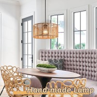 Ayshwilldec Woven Pendant Light Boho Chandelier Drum Rustic Farmhouse Chandelier Hemp Rope Light Rattan Light Fixture For Dining Room Living Room Bedroom Foyer Kitchen (Bulb Included)