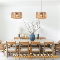 Ayshwilldec Woven Pendant Light Boho Chandelier Drum Rustic Farmhouse Chandelier Hemp Rope Light Rattan Light Fixture For Dining Room Living Room Bedroom Foyer Kitchen (Bulb Included)