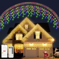 Led Icicle Christmas Lights Outdoor For House 640Led 65.6Ft 2 Colors 8 Modes Warm White&Multi-Colored Waterproof Icicle Lights String With 120 Drops For Christmas Decor, Holiday, Party, Wedding