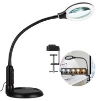 Tomsoo 5X Magnifying Glass With Light And Clamp, 5 Color Modes Stepless Dimmable Lighted Magnifier With Stand, Flexible Gooseneck Led Desk Lamp Hands Free For Craft Reading Painting Hobby Close Work