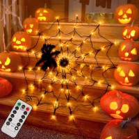 Halloween Spider Web Lights 4Ft Diameter 70 Led With Black Spider, Waterproof Orange Net Lights, Remote Control, 8 Modes Cobweb Halloween Decorations For House Garden Indoor Outdoor Scary Theme