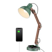 Elyona Led Desk Lamp With Wireless Charger Sapele Wood Reading Light With Usb C Charging Port Swing Arm Table Lamp For Home Of