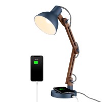 Elyona Sapele Wood Desk Lamp With Upgraded Wireless Charger Swing Arm Table Lamp With Usb C Charging Port Reading Task Light F