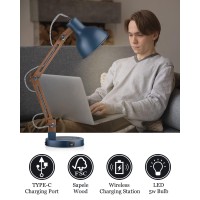 Elyona Sapele Wood Desk Lamp With Upgraded Wireless Charger Swing Arm Table Lamp With Usb C Charging Port Reading Task Light F