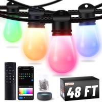 Addlon 48Ft Outdoor String Lights, Dimmable Outdoor Lights With Remote & App Control, Patio Lights With 15 Waterproof Shatterproof Led Bulbs, Smart Rgb String Lights Outsides Work With Alexa For Patio