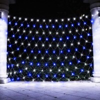 Weillsnow 198 Led 9.8Ft X 6.6Ft 198 Led Net Lights, Connectable 8 Lighting Twinkle Modes Mesh Lights For Christmas Outdoor Patio Garden Bush Fence Decorations (Blue & White)