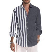 Renaowin Mens Shirts Long Sleeve Button Down Casual Stylish Striped Linen Cotton Dress Shirts For Men Work, Beach Us 37(S) Blue