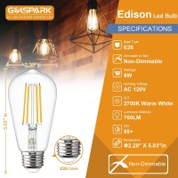 Led Edison Bulbs Vintage 2700K Warm White, 6W E26 Led Bulb 60 Watt Equivalent, Golspark Antique St58 Clear Light Bulbs With Led Filament, E26 Standard Base Type A Light Bulb, 700Lm Non-Dimmable 6 Pack