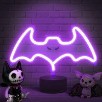 Lumoonosity Halloween Bat Neon Sign - Purple Halloween Bat Lights For Bedroom, Desktop, Table, Party Decor - Battery/Usb Powered Led Halloween Lights For Kids Gift - Bat Neon Light With Stand