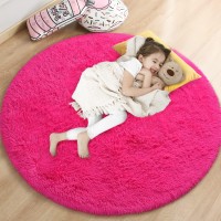 Gifeas Hot Pink Round Rug For Girls Bedroom, Fluffy Circle Rug 5X5 For Kids Room Decor, Shaggy Circular Rug For Baby Nursery Dorm, Upgrade Fuzzy Plush Rug For Living Room, Cute Room Decor For Teen