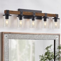 Dujahmland Farmhouse Vanity Lights 5Light Wood Bathroom Wall Lighting With Clear Glass Industrial Metal Wall Sconce For Bedro