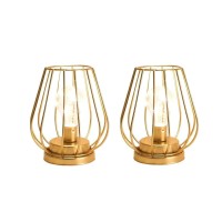 Trirocks 2 Set Ofmetal Battery Operated Lamp 7'' Tall Mini Cage Shape Cordless Table Lamp Battery Lanterns With Warm Fairy Lights Bulb For Patio Garden Wedding Parties Indoor Outdoor(Gold)