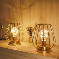 Trirocks 2 Set Ofmetal Battery Operated Lamp 7'' Tall Mini Cage Shape Cordless Table Lamp Battery Lanterns With Warm Fairy Lights Bulb For Patio Garden Wedding Parties Indoor Outdoor(Gold)