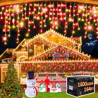 Christmas Lights Decorations Outdoor, 1600 Led 164 Ft 8 Modes Rain Drops Fairy String Curtain Lights For Christmas Decor Eaves Window Party Yard Garden Indoor(Warm White And Red, 1600Led 164Ft)