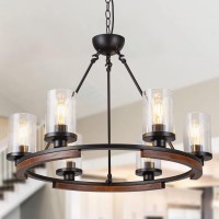 Nsrce 28 Inch Wagon Wheel Chandelier With Glass Shade 6Light Round Farmhouse Pendant Light Fixture For Dining Room Kitchen Foy