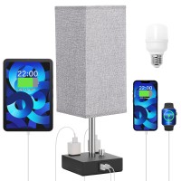 Bedside Lamp With Usb Port And Outlet - Table Lamp With Usb C + A Charging Port & Ac Outlet For Bedroom, Small Nightstand Light For Dresser, Desk Lamp With Type C For Living Room Guest Bed Side(Grey)