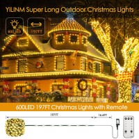 Yilinm Christmas Lights Outdoor, 197Ft 600 Led String Lights 8 Modes & Timer Christmas Tree Lights Plug In Green Wire Ip67 Waterproof Fairy Light For Xmas House Yard Holiday Decorations(Warm White)