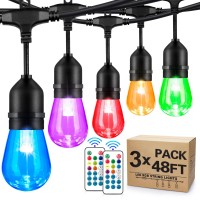 Shine Hai 3-Pack 48Ft Outdoor Rgb String Lights, Cafe Led String Lights With 30+5 Shatterproof Edison Bulbs, Remote Dimmable Commercial String Lights For Patio,Party,Backyard