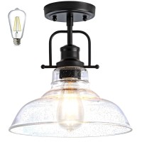 Zlepmlla Flush Mount Ceiling Light Fixture Bulb Included Black Metal Frame Ceiling Light Fixture With Seeded Glass Farmhou