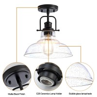 Zlepmlla Flush Mount Ceiling Light Fixture Bulb Included Black Metal Frame Ceiling Light Fixture With Seeded Glass Farmhou