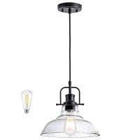 Zlepmlla Black Industrial Pendant Light Farmhouse 1Light With Adjustable Cord Clear Bubble Glass Shade Rectangle Cute Hanging