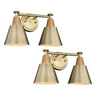 Femila Bathroom Light Fixtures 2 Pack, Antique Brass Vanity Light With Hammered Metal Shade, 2-Lights Bath Wall Mounted Lights Wall Lamp For Mirror Kitchen Bedroom, 4Fg59B-2W-2Pk Bg