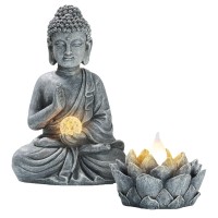 Teresa'S Collections Meditating Buddha Statue And Lotus Lantern Garden Statue With Solar Lights, Set Of 2 Rustic Buddha Outdoor Statue Spiritual Zen Garden Decor For Patio Porch Yard Decorations