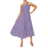 Zesica Womens 2023 Bohemian Summer Floral Print One Shoulder Sleeveless Smocked Ruffle Tiered Beach Long Midi Dress,Solidpurple,X-Large