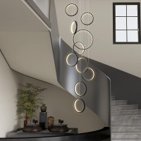 Modern Led Chandelier Lighting,Dimmable With Remote Control 10 Rings Black Pendant Light Adjustable Height Hanging Ceiling Light Fixture,For Staircase Foyer High Ceiling Living Room