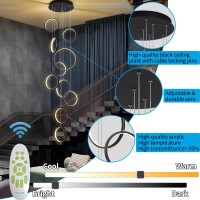 Modern Led Chandelier Lighting,Dimmable With Remote Control 10 Rings Black Pendant Light Adjustable Height Hanging Ceiling Light Fixture,For Staircase Foyer High Ceiling Living Room