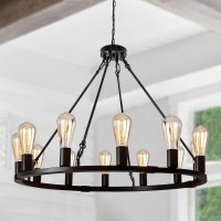 Rviezza 315 12 Lights Wagon Wheel Chandelier Black Round Rustic Industrial Vintage Farmhouse Chandeliers For Dining Room Foy