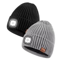 Beanie With Light For Men 2 Pack, Hat With Light Built In Rechargeable Winter Warm Knitted Headlamp Caps, Gift For Men Dads Husband Led Beanie Hats With Light(Black&Light Gray)