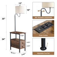 Dungoo 59 Floor Lamp With Table Narrow End Table With Lamp Attached With Usb Typec Ports And 2 Outlets Rustic End Table W