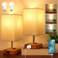 Dott Arts Small Table Lamps For Bedrooms Set Of 2,2700K 4000K 5000K Nightstand Lamps With Ac Outlets,Minimalist Wood Bedside Lamp With Square Shade,Night Light Lamp For Living Room Kids Room Office