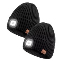 Beanie With Light For Men 2 Pack, Hat With Light Built In Rechargeable Winter Warm Knitted Headlamp Caps, Gift For Men Dads Husband Led Beanie Hats With Light(Black&Black)