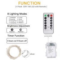 4-Pack 33Ft 100 Led Fairy Lights Battery Operated With Remote & Timer, Waterproof Twinkle String Lights Outdoor Indoor 8 Modes For Bedroom Dorm Diy Christmas Party Wedding Garden Tree (Warm White)