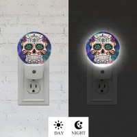 Axayaz Skull Dusk To Dawn Round Night Light Galaxy Nebula Cool Floral Sugar Skull Skeleton Head Halloween Day Of The Dead Auto S