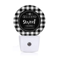 Axayaz Welcome Sweet Home Plug In Night Light Black White Checkered Plaid Buffalo Check Auto Led Lamp Energy Saving Round Lights