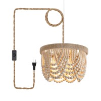 Amzasa Plug In Chandelier Boho Woven Hemp Rope Wooden Beaded Farmhosue Hanging Pendant Light Fixture With 148Ft Cord Onoff Swi