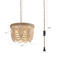 Amzasa Plug In Chandelier Boho Woven Hemp Rope Wooden Beaded Farmhosue Hanging Pendant Light Fixture With 148Ft Cord Onoff Swi